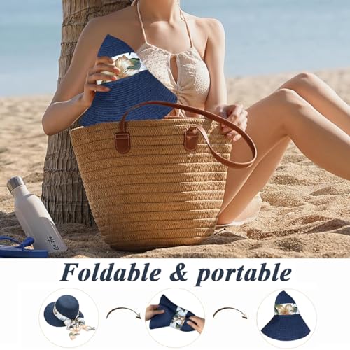 PALAY® Beach Straw Sun Visors for Women Espadrille Bowknot Sunhat Women Gardening Outdoor Sunhats Sun Protection Packable - Blue