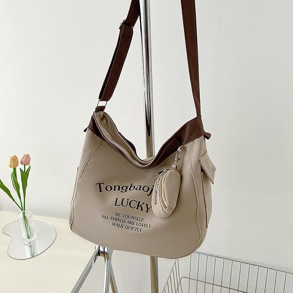 PALAY® Canvas Bag for Women Khaki Canvas Tote Bag with Coin Bag Chic Cute Letter Print Zipping Shoulder Bag Crossbody Bag Casual Hand Bag Multi Use School Book Bag Travel Carry All Bag, 30x17x30cm