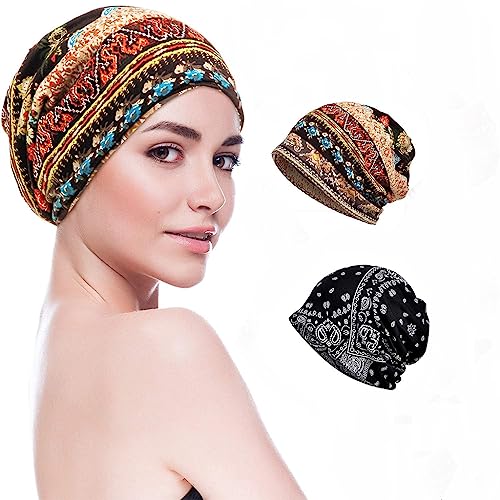 PALAY® Slouchy Chemo Cap Beanie Cap for Women, Boho Print Bandanas Skull Cap, Fashion Soft Stretch Chemo Scarf, Casual Saggy Head Scarves for Women - All Seasons Use