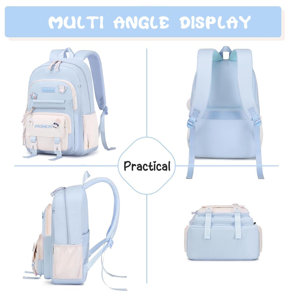 PALAY Cotton School Bag for Girls featuring Multi Zipper Compartments and Blue Patchwork Design
