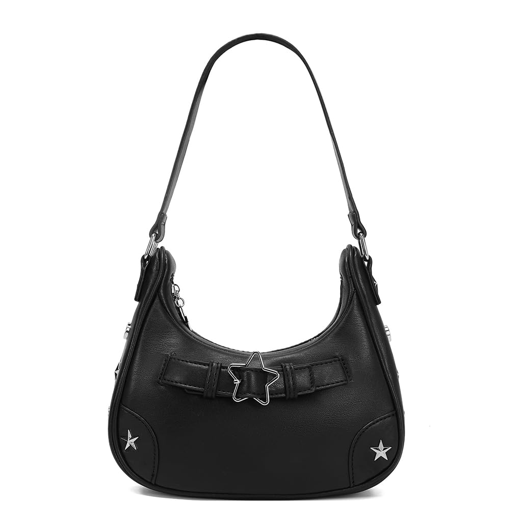 PALAY Shoulder Bag for Evening and Casual Use with Star Rivets 21.5x5.7x11cm Black | PU Handbag for Women