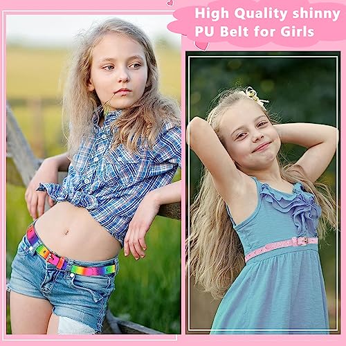 PALAY® 4PCS Girls Belt PU Leather Glittering Pink Stylish Rainbow Waist with Metal Buckle 31inch for 6-12 (Pink & Rainbow)