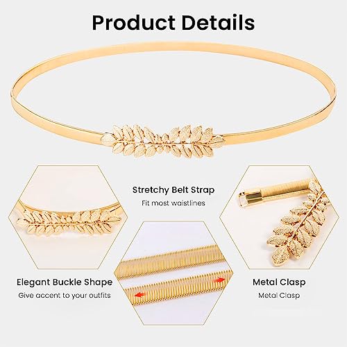 PALAY® 2 Pack Skinny Waist Belt for Women, Slim Elastic Metal Cinch Belts for Women Dresses, Stretchy Leaf Design Sparkling Waistband Belt for Dress, Jumpsuit and Blouses (Gold+Silver)