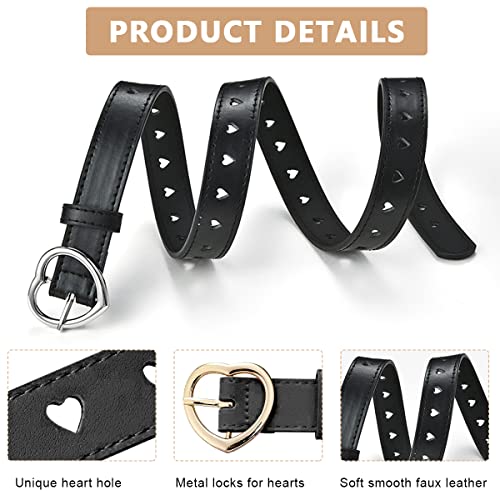 PALAY® Kids Belt for Girls 6-12, 2Pcs Fashion Girls Belt PU Leather Hollow Heart Metal Buckle Belt for Girl Jeans Dress Pants Gift (Black & Brown, Suit for Waist 26-30")