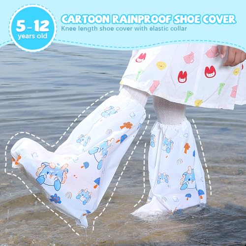 PALAY® Rain Shoe Covers for Kids 3 Pairs Slip-On with Elastic Collar Knee-Length Fashion Cartoon Wear-Resistant for 5-12 Years Old 3PCS