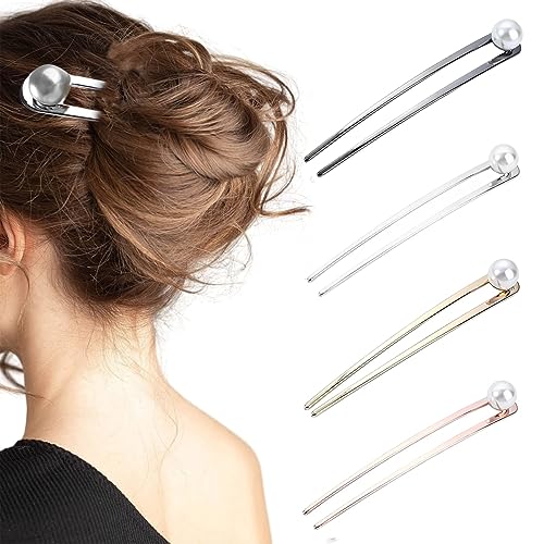 PALAY® 4pcs Large Pearl Hair Stick for Buns, Metal Juda Pin U Pin for Hair, 5.8in Long Hair Pins for Women Stylish Chignon Hair Bun Stick Hair Bun Accessories Girls Gift