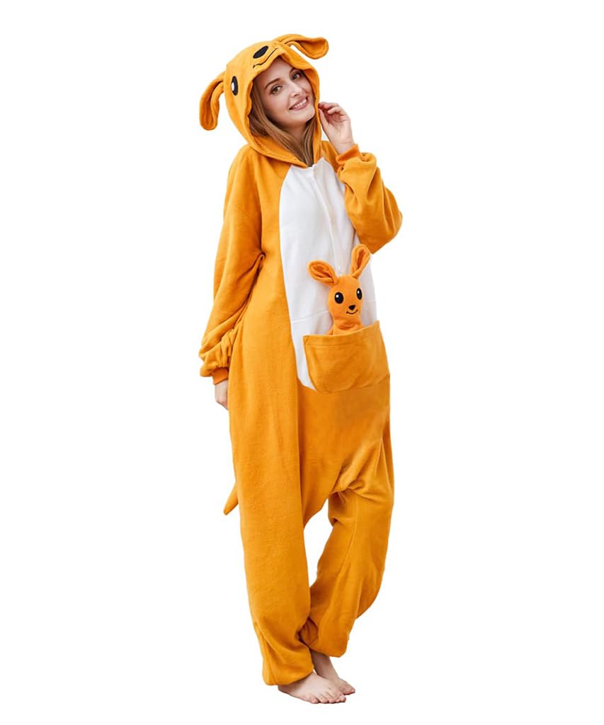 PALAY Cartoon Kangaroo Winter Pajama for Women with Hood and Pocket | Soft Polar Fleece Lounge Sleepwear