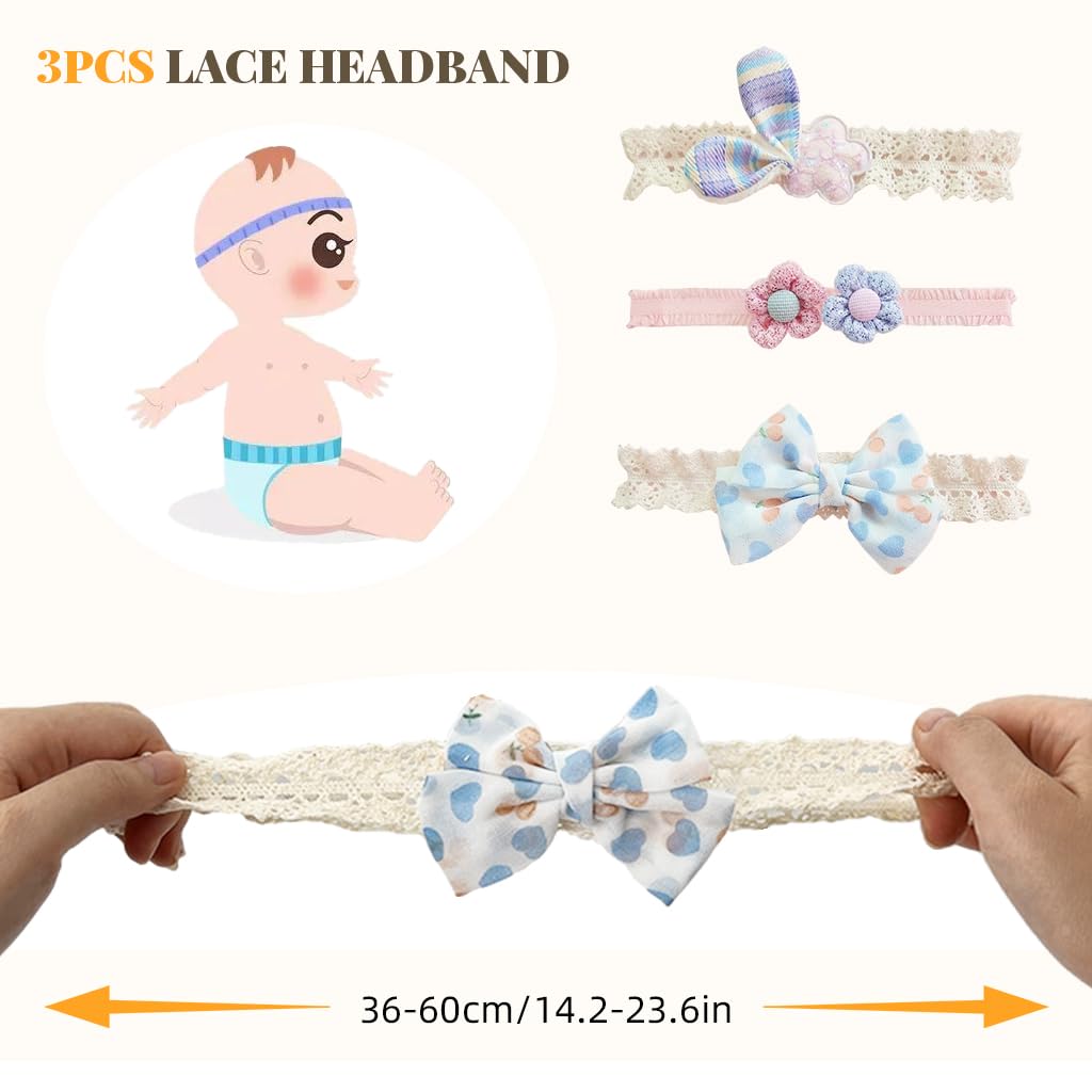 PALAY® 3pcs Headband for Baby Girl, Lace Flower Baby Headband, Bow Hair Bands for Baby, Elastic Baby Hairband, Cute Baby Girl Hair Bands for Toddler Girls Newborn Shower Gifts