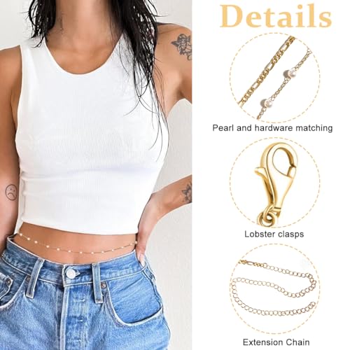 PALAY® 2pcs Pearl Waist Chain for Women Stylish Saree Gold Plated Belly Chain 2-Layered Ladies Body Hip Chain for the Waist Bikini Jewelry - 26-42in