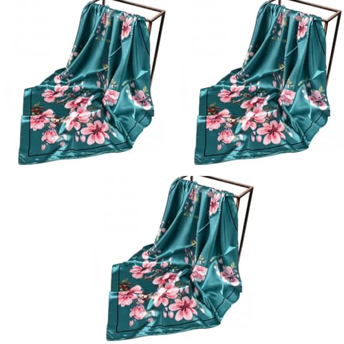 PALAY® Head Scarf for Women Stylish Satin Silk-feel Comfy Green Print Hair Wrapping 35in Square Pillow Cover 3PCS