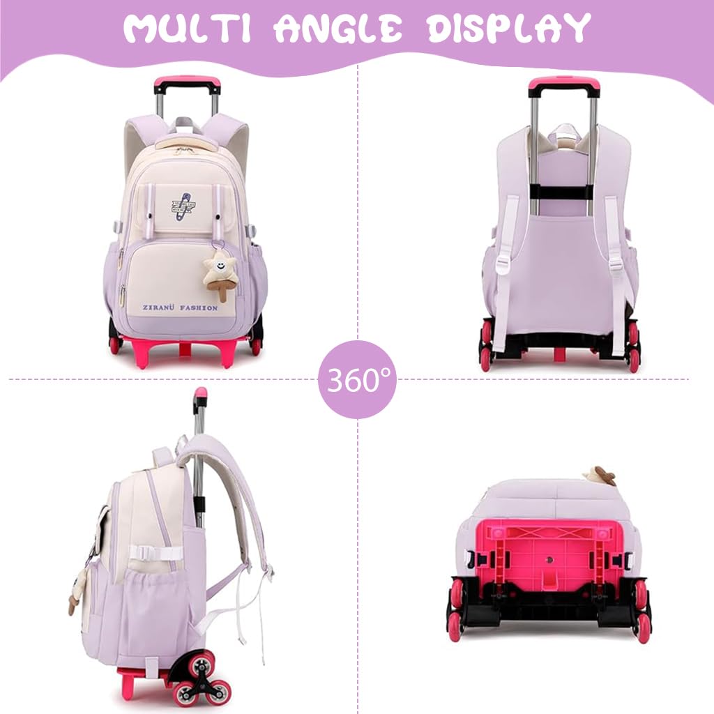 PALAY School Bag for Girls with 6 Wheels featuring Removable Trolley Stand and Handle Bar