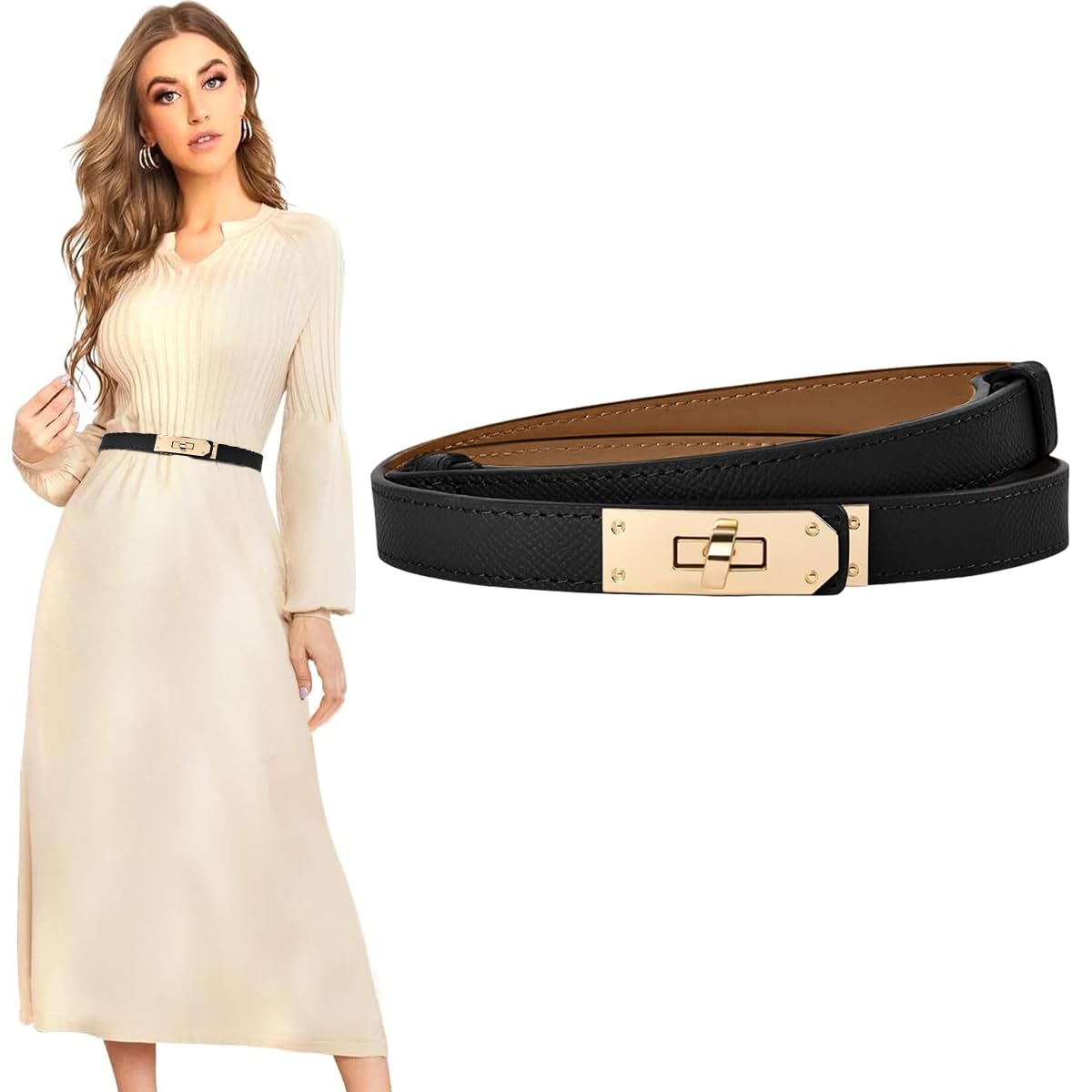 PALAY Waist Belt for Women Dresses with Metal Snap Button and PU Leather Black Design 65–105 cm