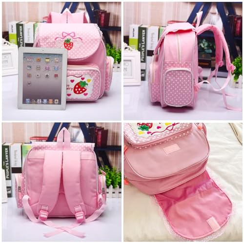 PALAY® Kawaii Canvas Backpack for Girls Pink Sweet Strawberry Embroidery Decal Lace Travel Multi Pockets Book Bag Casual Day Bag Children's Day Gift
