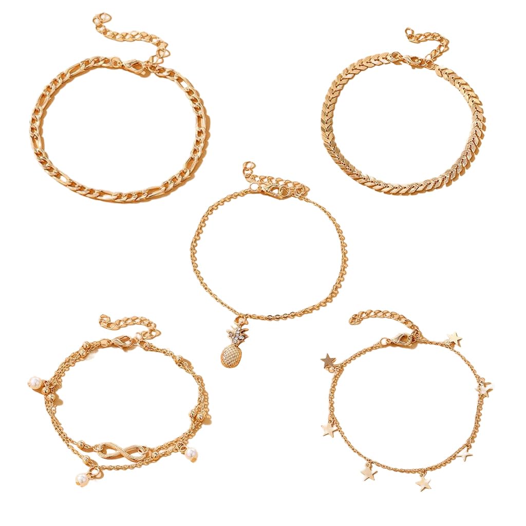 PALAY® Tobilleras bañadas en oro de 14 quilates para mujer, impermeables, pulseras de tobillo para mujer, pulseras de tobillo de eslabones cubanos de espiga para mujer, juego de tobilleras