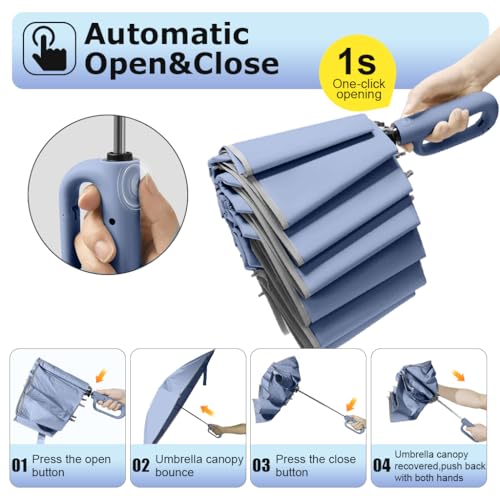 PALAY® 50 Large Umbrella with Reflective Strip Auto 3-Fold Compact Travel Carabiner Handle Reinforced 10 Dual Ribs Sun Protection 99 UV Rain Windproof for Men Women Blue 3 PCS