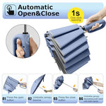 PALAY® 50 Large Umbrella with Reflective Strip Auto 3-Fold Compact Travel Carabiner Handle Reinforced 10 Dual Ribs Sun Protection 99 UV Rain Windproof for Men Women Blue 3 PCS