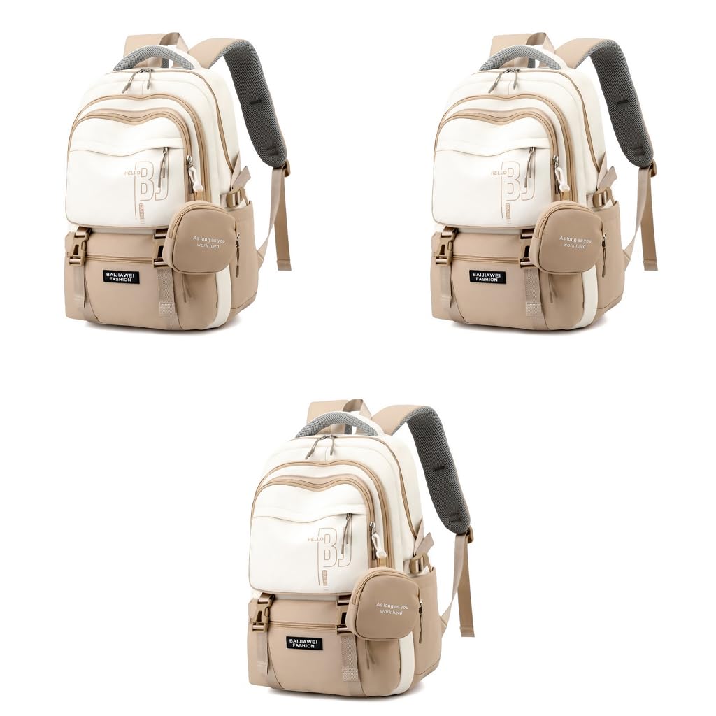 PALAY Casual Backpack for Travel and School featuring Padded 15.6 in Laptop Compartment | Beige Nylon 3 PCS Set
