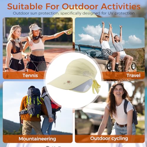 PALAY® Women Cotton Sun Hats Wide Brim Visor UV Protection Golf Cap with Retractable Side Brim Fashion Breathable for Beach Fishing Tennis Running Beige Free Size 3PCS