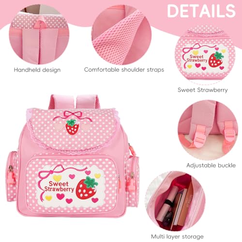 PALAY® Kawaii Canvas Backpack for Girls Pink Sweet Strawberry Embroidery Decal Lace Travel Multi Pockets Book Bag Casual Day Bag Children's Day Gift