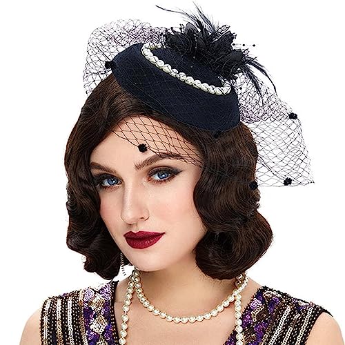 PALAY® Fascinator Hats for Women, Cocktail Tea Party Hat, Clip/Headband Flower Fascinator with Mesh Veil, Vintage Feather Headwear for Wedding Halloween - Black