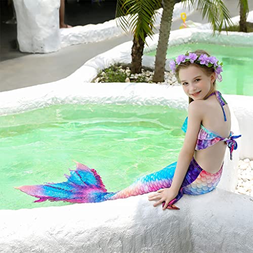 PALAY® Mermaid Tail Swimming Suit 3Pcs Set, Cute Swimsuit for Girls Mermaid Princess Swimwear Costume Bathing Bikini Suit for Girls 4-7 Years Old (4-5 Years)