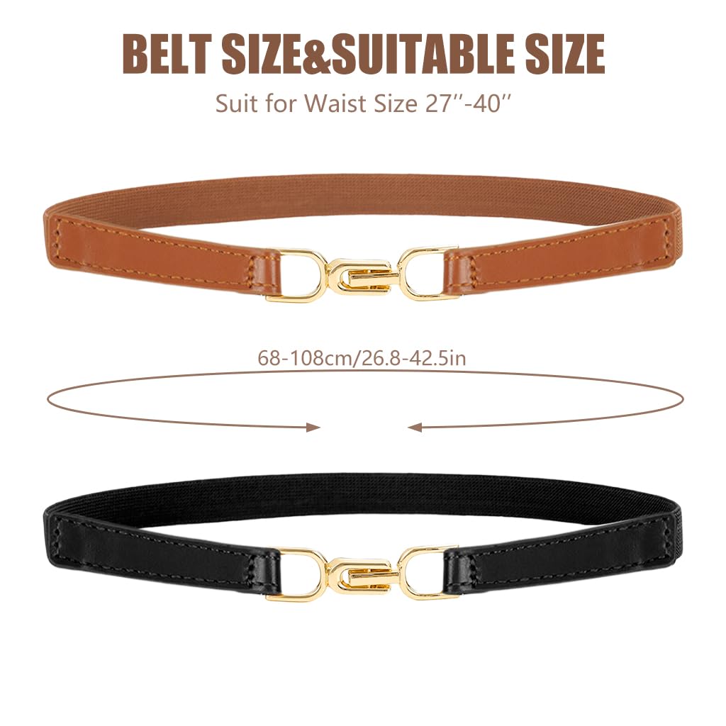 PALAY Waist Belt for Women Dresses with Metal Interlock Buckles, 2pcs Elastic PU Set | Black and Brown Slim Belts for Jeans and Blazers