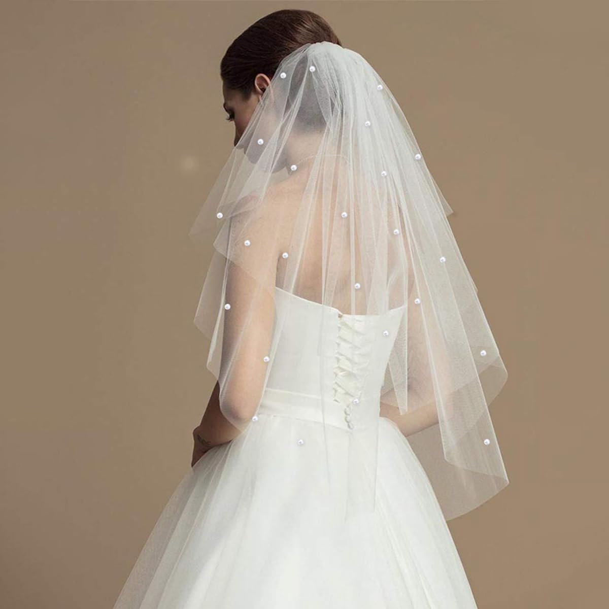 PALAY Bridal Veil for Brides featuring White Short Design with Pearl and Rhinestone Detail