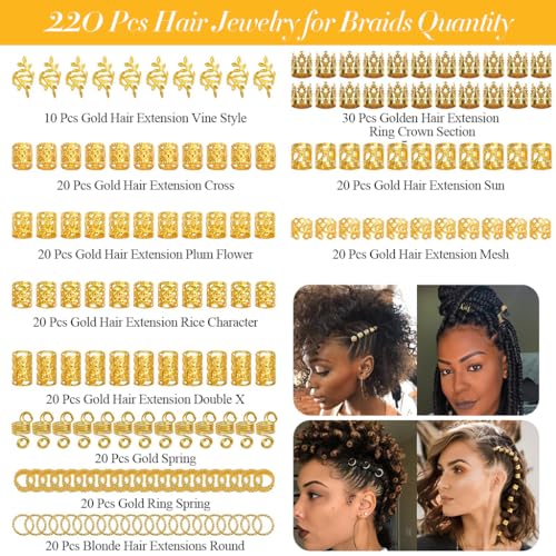 PALAY® 220 Pcs Gold Hair Jewelry for Women Braids Stylish Metal Hair Pendants Charm for Braids, Hair Extension, Dreadlocks Rings Cuffs Clips Hair Accessories for Women Girls