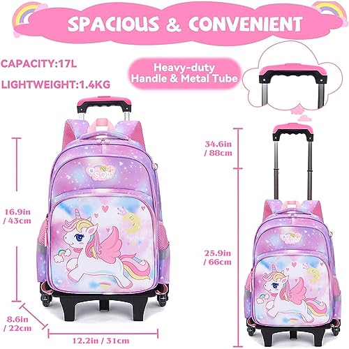 PALAY® Unicorn Print School Backpack for Girls Travel BackPack for Girl School Bag on Wheel Detachable Wheel Stand Gift School Bag for Girls Primary Student