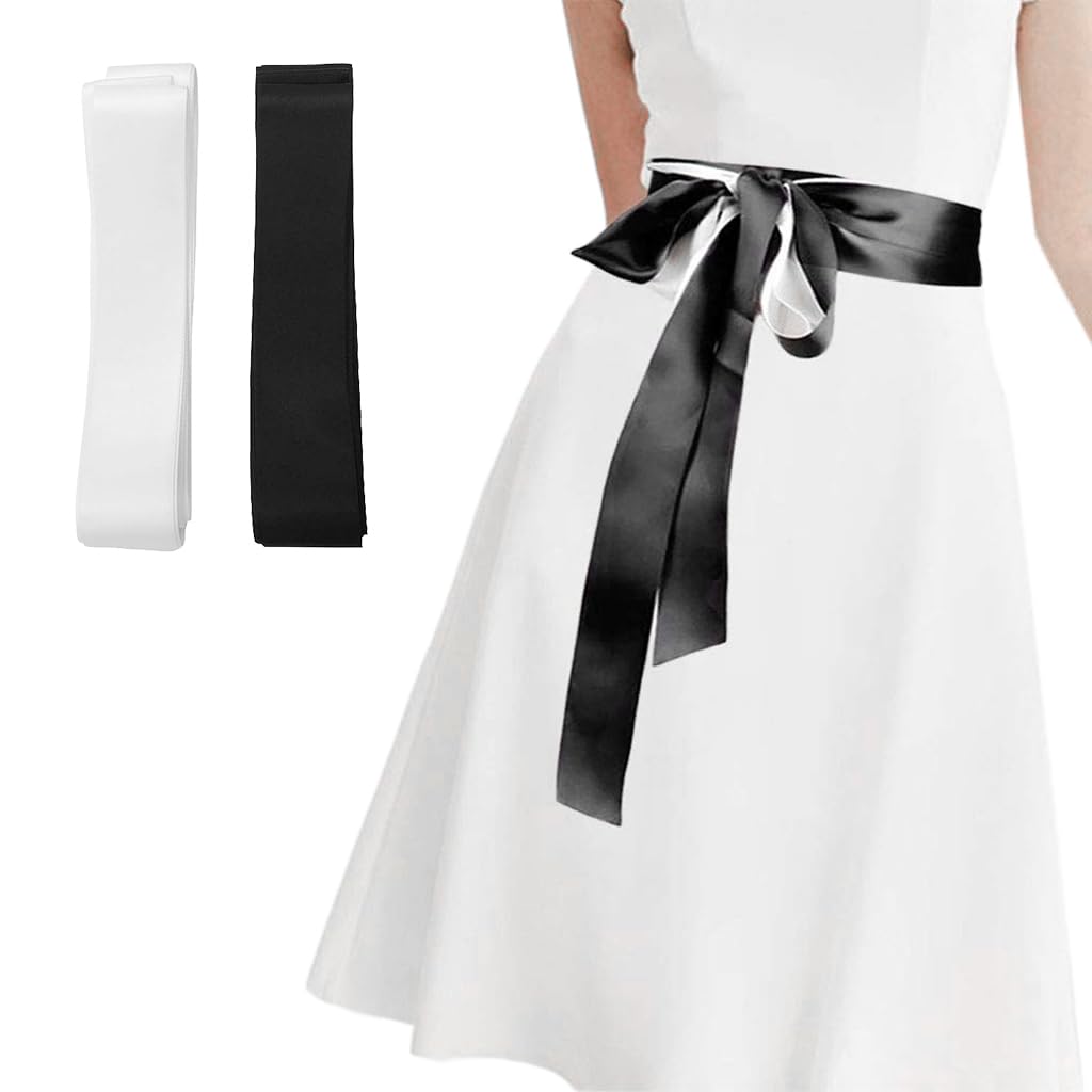 PALAY® Chiffon Sash Belts Black and White Set of 2pcs Chiffon Sash Belts Luxury Silk-touch Waist Belt Dress Sash Belt for Dresses, Blouses, Evening Dress, 1.5 inches x 125 inches