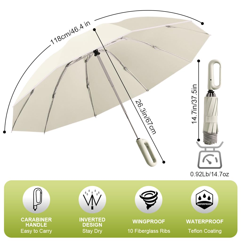 PALAY Large Umbrella for Travel with 50 in Canopy and Carabiner Handle | Beige UV Protection