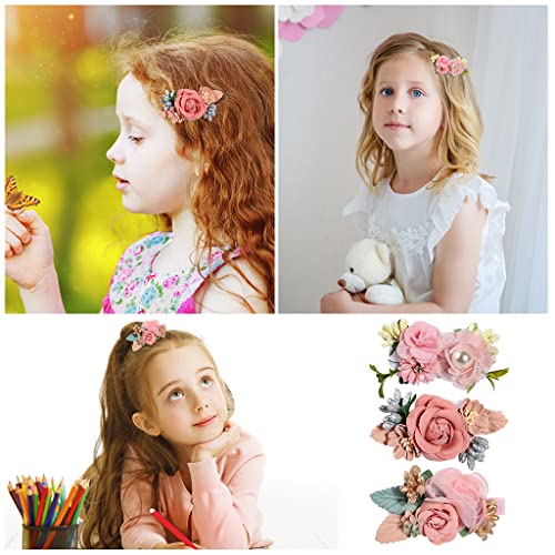 PALAY® 3Pcs Flower Hair Clips for Girls Kids Handmade Floral Hair Bow Hair Accessories for Girls Baby Toddlers Teens Gifts - Pink