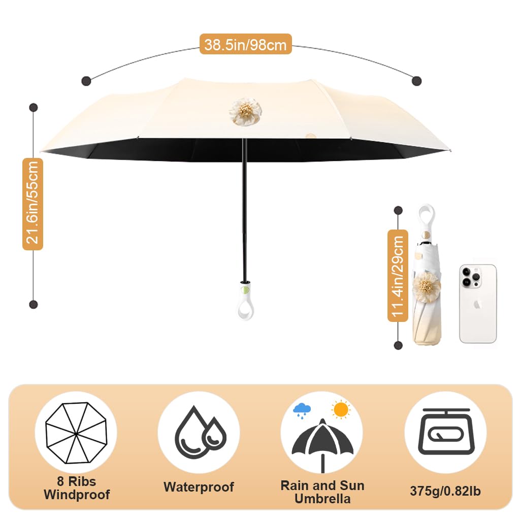 PALAY Sun Umbrella for Travel and Rain with 8 Fiberglass Ribs and Rubber Handle | Beige UV Protection