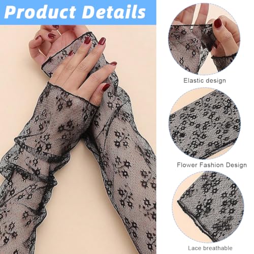 PALAY® 1 Pair Sheer Lace Arm Sleeve Loose Black Lace Arm Sleeve 15.6 Inches Elegant Lace Bridal Gloves Printed Fingerless Arm Covers