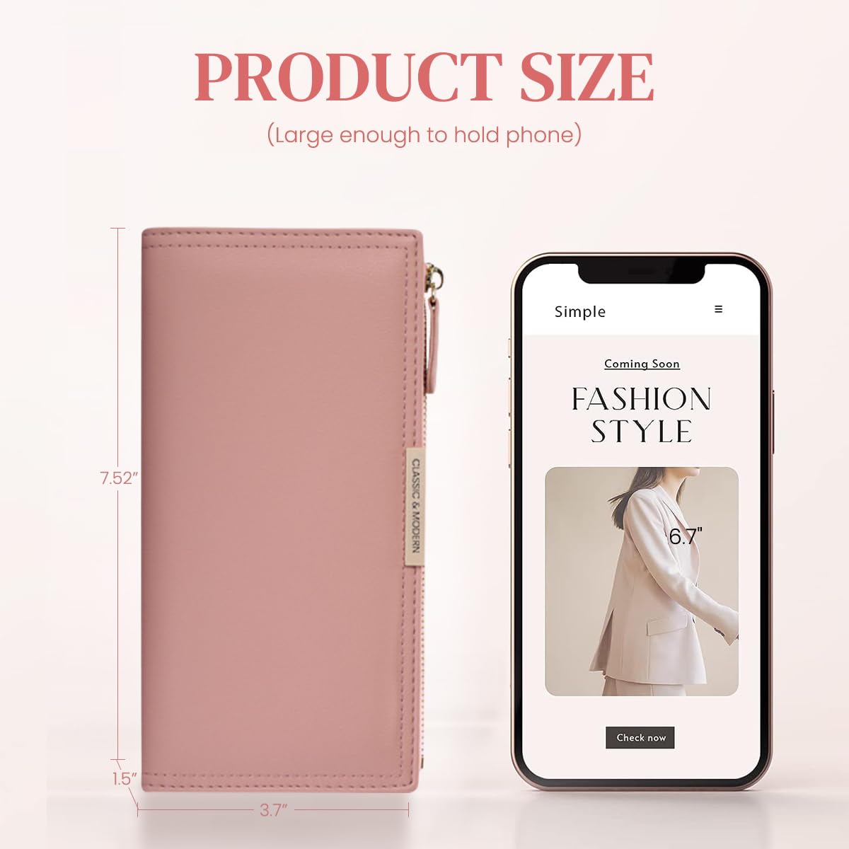 PALAY Wallet for Women with 11 Card Slots and Zipper Pouch in Pink PU Leather | 19.5x10 cm