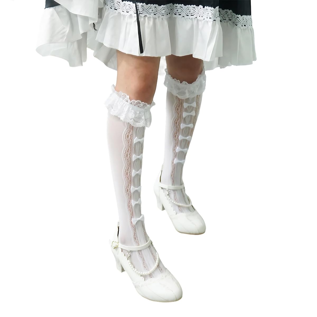 PALAY Knee High Socks for Girls with Lace Bow Design in White | Calf-Length Lolita Style