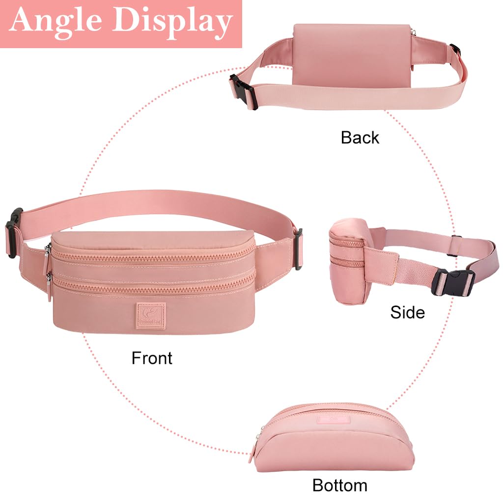 PALAY® Fashion Waist Bag for Women Double Layer Lightweight Nylon Waist Pack Chest Bag Phone Sling Bag Casual Waist Bag with Adjustable Waist Belt Design Jogging Item Bag Bum Bag, Pink, 24x5x12cm