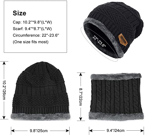 PALAY® Black Winter Warm Knitted Hats with Neck Gaiter Knitted Scarf Set,Beanie Cap Hat Neck Hat for Men and Women