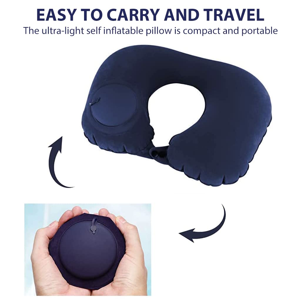 Palay Inflatable Travel Pillow for Airplane and Office with Built In Hand Pump | Soft Blue Flocking