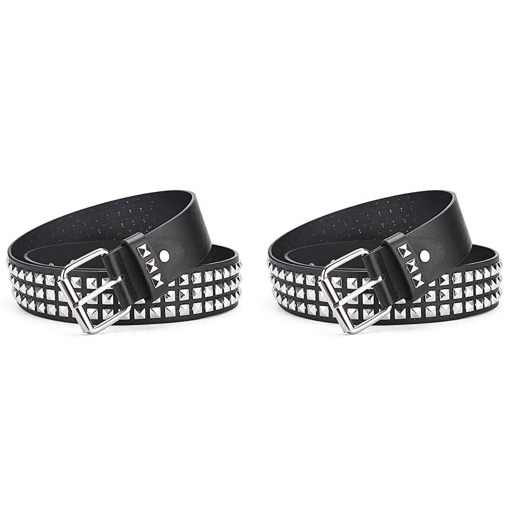 PALAY Punk Rock Studded Belt for Women featuring Three Rows of Studs 113cm PU Leather | 2 PCS Black