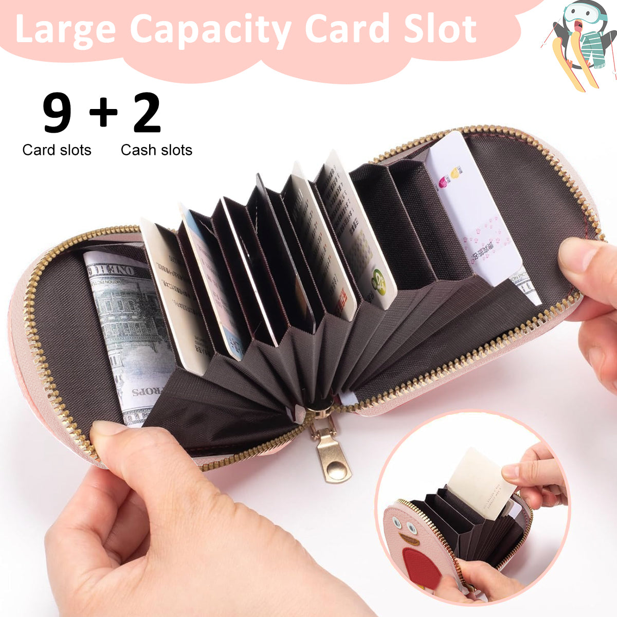 PALAY® Girls Card Bag Travel Card Holder with 10 Compartments Wallet Organizer Bag Zipper Pouch PU Cartoon Penguin Zipper Card Bag RFID Blocking Travel