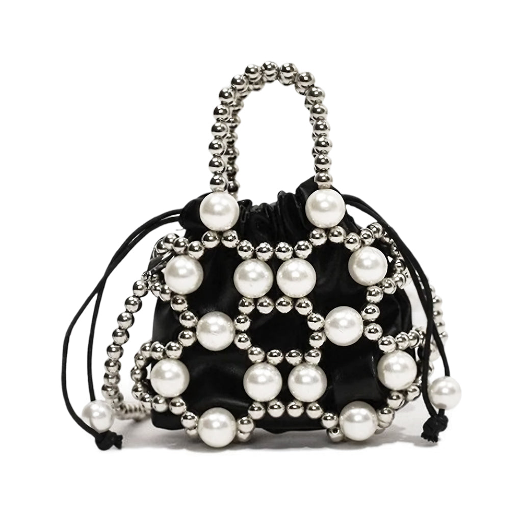 PALAY® Small Drawstring Shoulder Bag Fashion Beaded Chain Crossbody Bag White Acrylic Pearl Embellishment Phone Sling Bag Casual Small Bag with Handle Evening Bag Handbag, 14x16cm