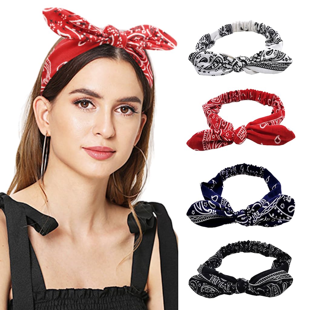 PALAY® 4Pcs Boho Headbands for Women Stylish Bow Pre-tied Headbands Adjustable Elastic Fashion Print Headbands for Women Fashion Piece Headbands