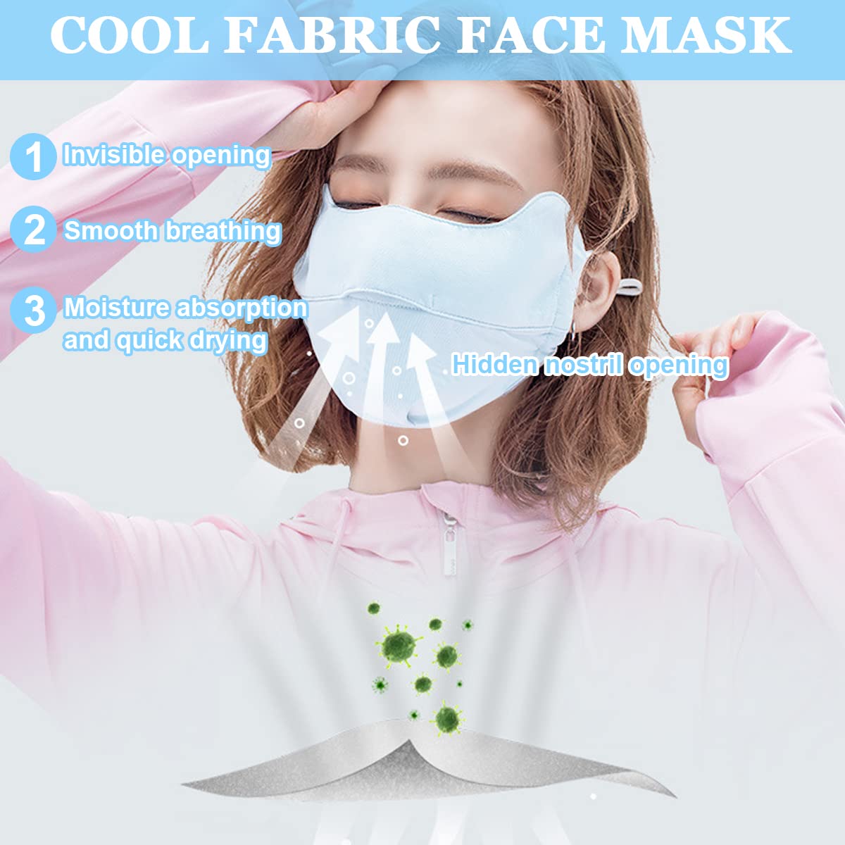 PALAY® Sun Protection Mask Face Cover for Women, Fashion Cooling UV Mask Face Mask with Adjustable Ties, for Outdoor Sport Cycling Golfing - Washable, Reusable (Blue)