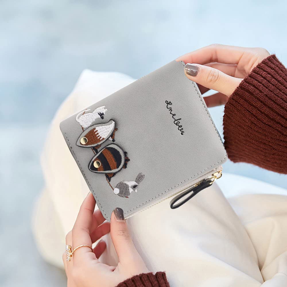PALAY Small Wallet for Women with Cute Animal Embroidery in Grey PU Leather | 1 Pc Gift