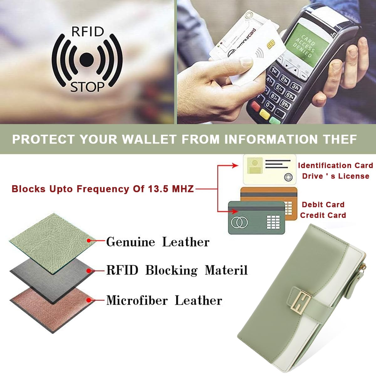PALAY Women Purse with 11 Card Slots and Snap Button Closure | Mint Green PU Bifold Wallet 19x9.5cm