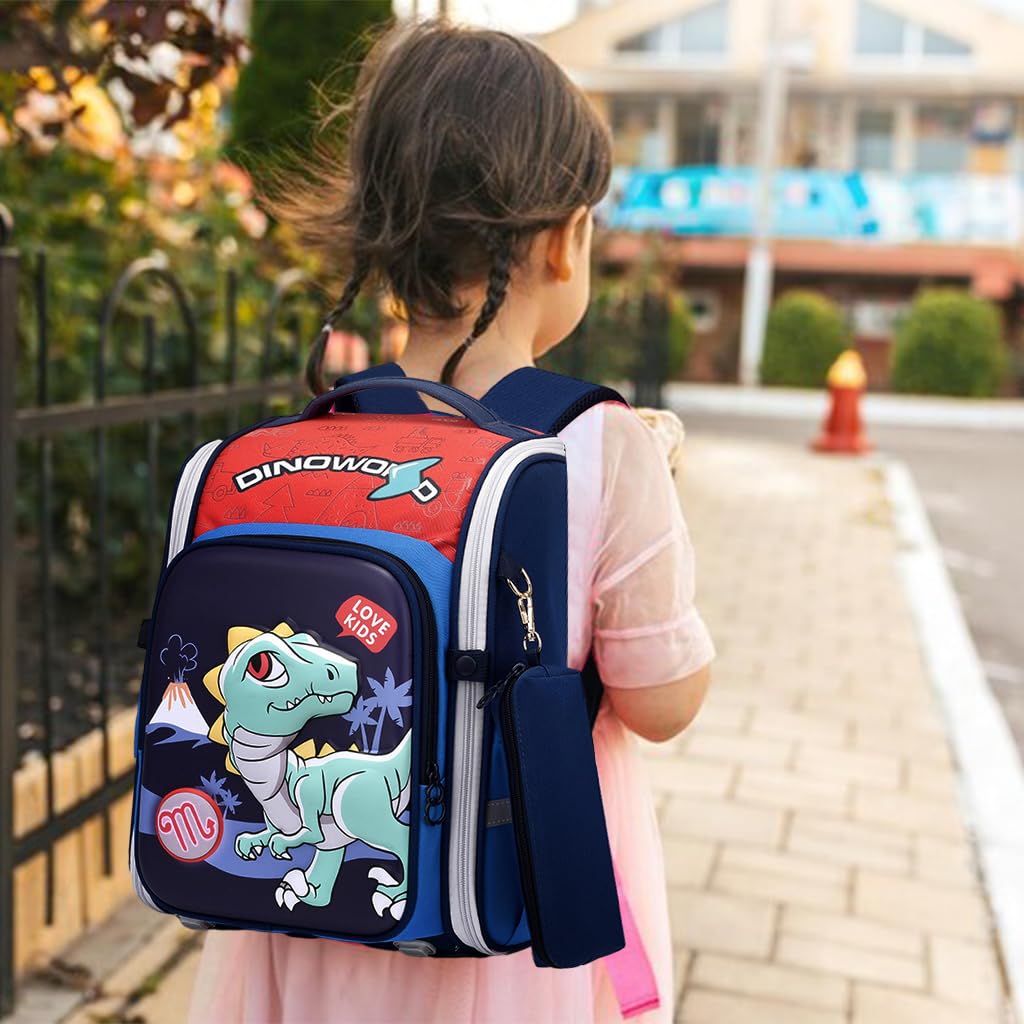 PALAY® Boys School Backpack Dinosaur Cartoon Backpack with Pencil Pouch Primary Bookbag Boys Backpack for School, Travel, Burden-relief Backpack School Gift