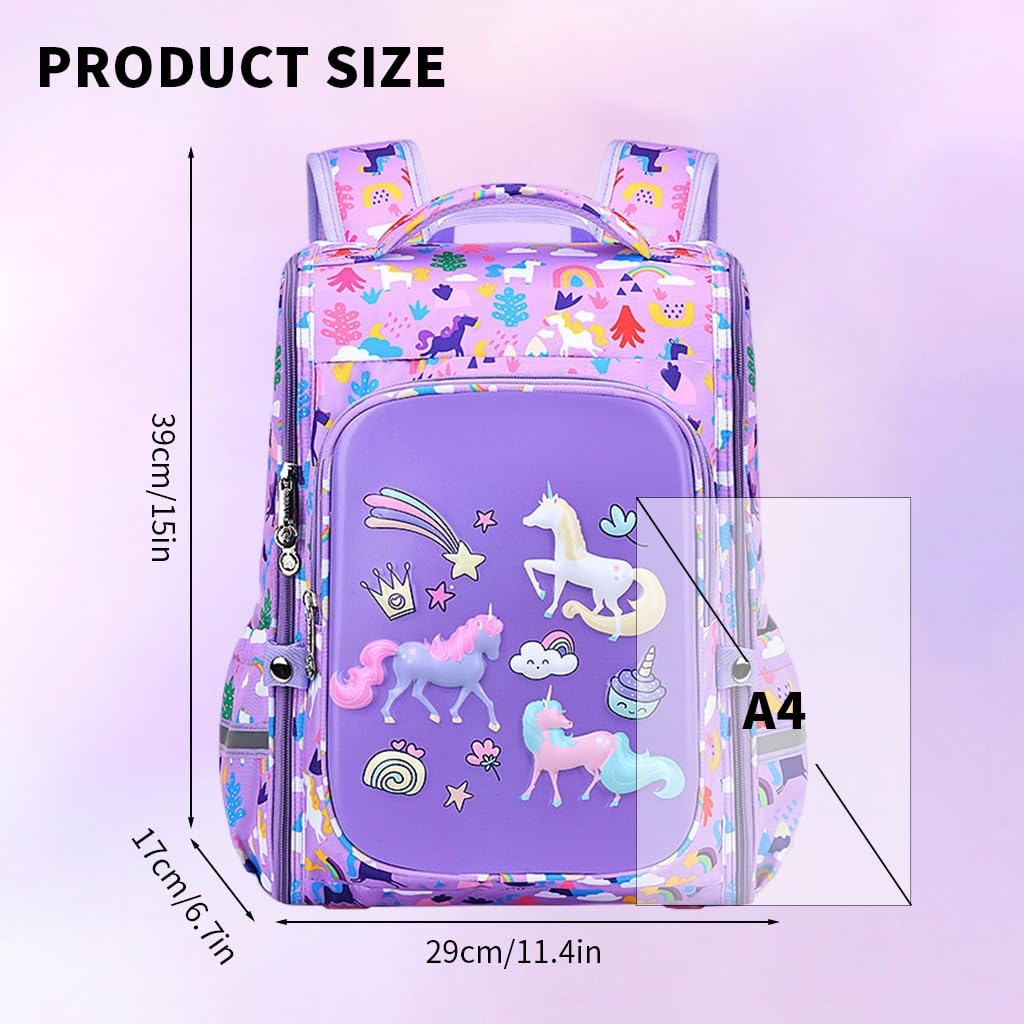 PALAY Girls School Backpack for Travel and School with 39×29×17cm Capacity featuring Breathable Padded Straps and Waterproof EVA Material | Cute Unicorn Design for Kids 5–10 Years