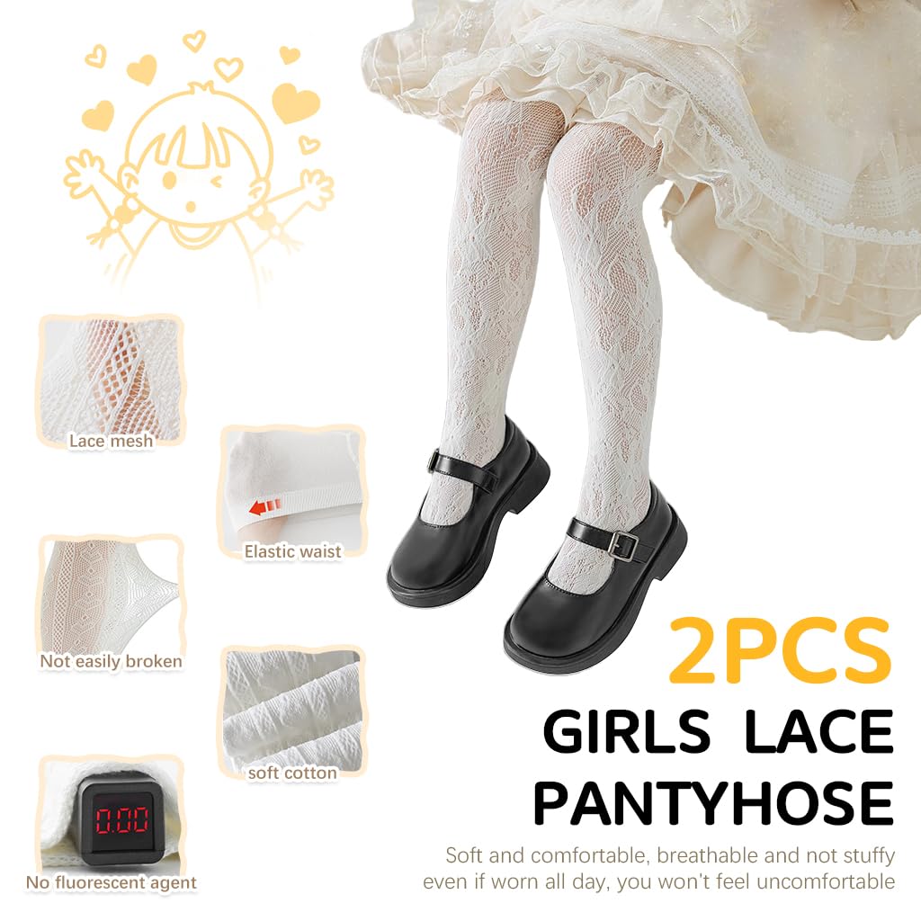 PALAY Lace Pantyhose for Kids Girls featuring Floral and Heart Patterns 2 Pcs White Stockings