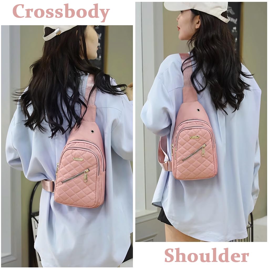 PALAY Crossbody Sling Bag for Women with 3 Zipper Pockets and Earphone Cable Hole | Pink Oxford Cloth Shoulder Bag 17x5x30cm